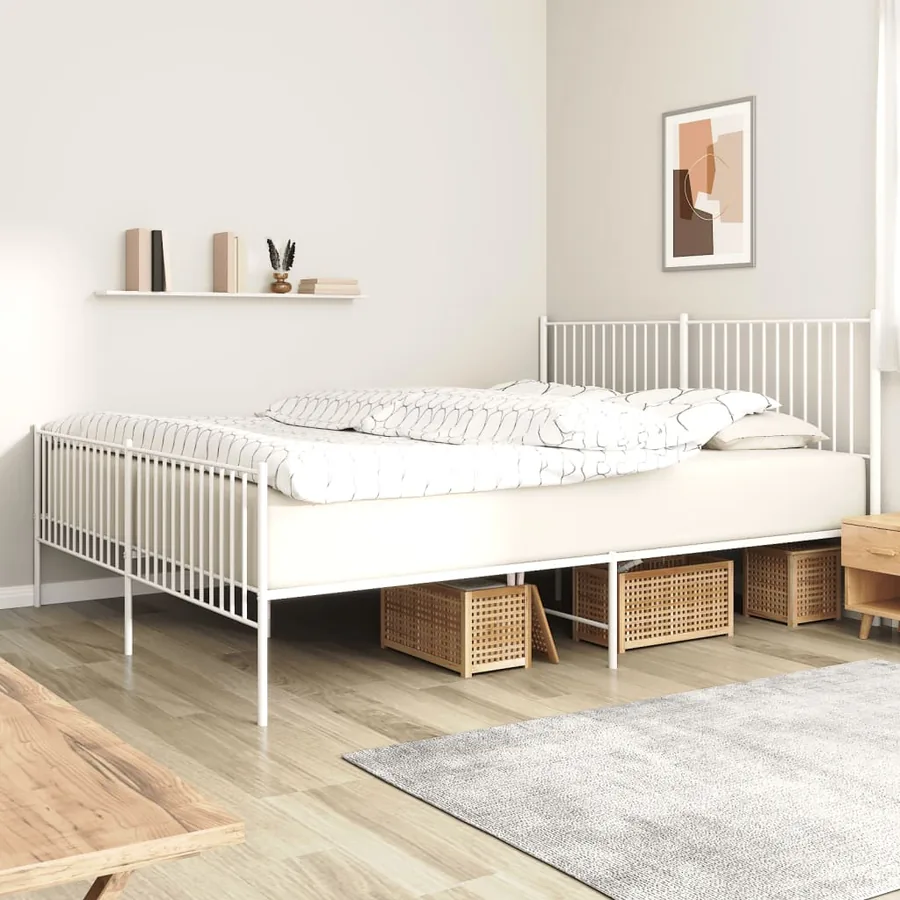 Cadre de lit métal sans matelas et pied de lit blanc 200x200 cm