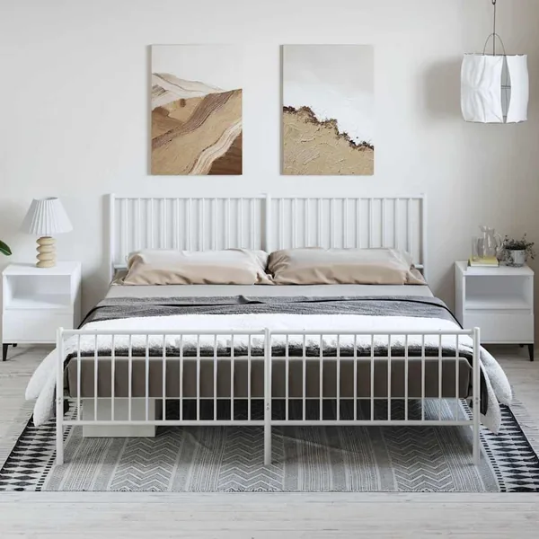 Cadre de lit métal sans matelas et pied de lit blanc 183x213 cm