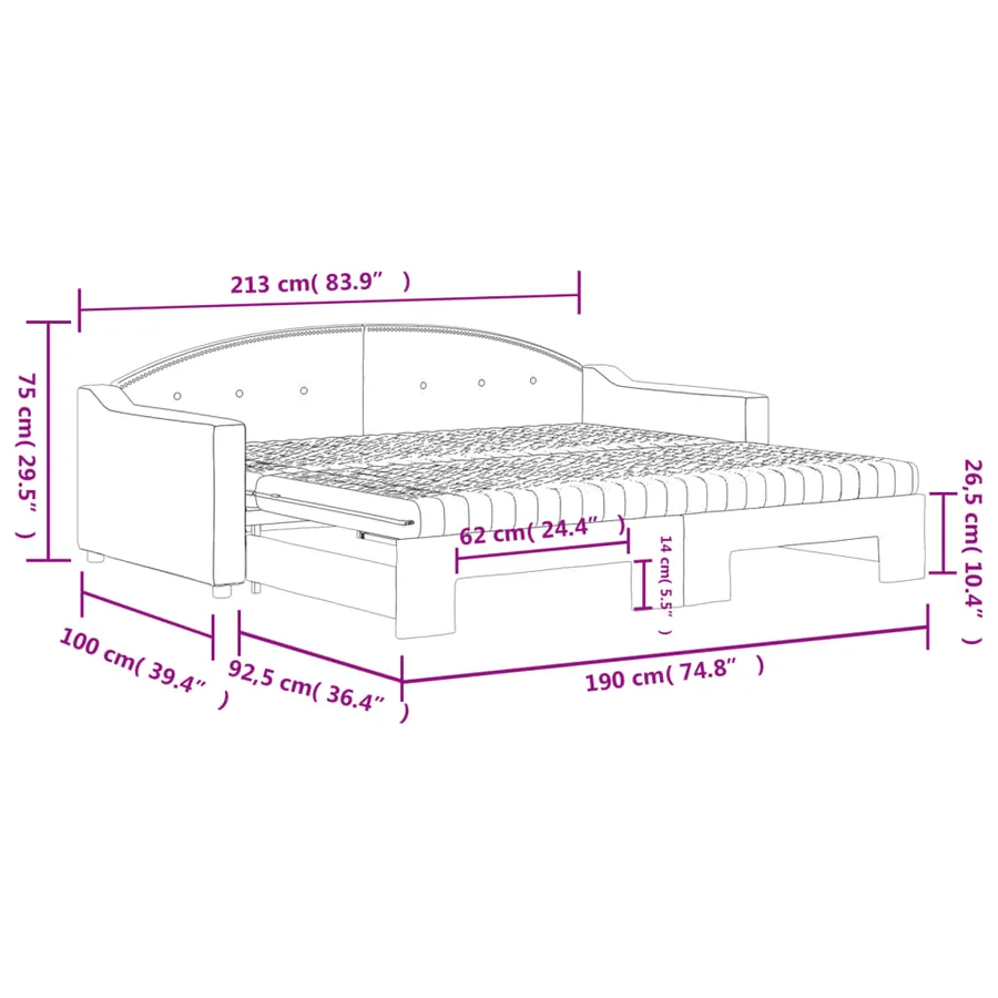 Lit de jour avec gigogne et matelas gris clair 90x190 cm tissu - 12