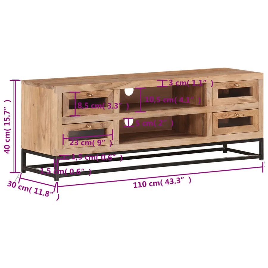 Meuble TV 110x30x40 cm Bois d'acacia massif - 7