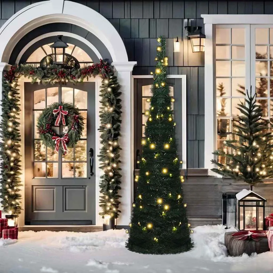 Sapin de Noël artificiel pré-éclairé avec guirlandes vert 210cm - 2