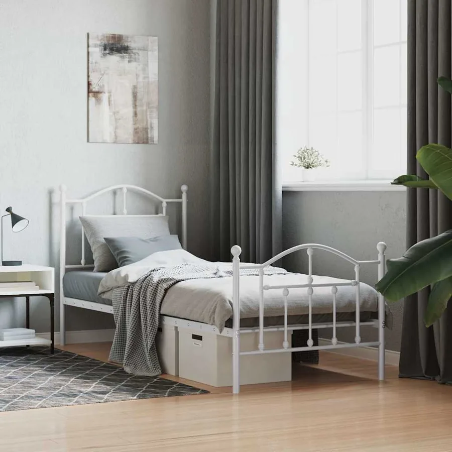 Cadre de lit métal sans matelas avec pied de lit blanc 90x190cm