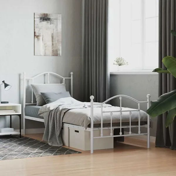 Cadre de lit métal sans matelas avec pied de lit blanc 90x190cm