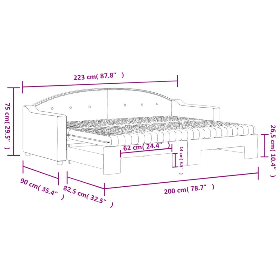 Lit de jour avec gigogne et matelas crème 80x200 cm tissu - 12