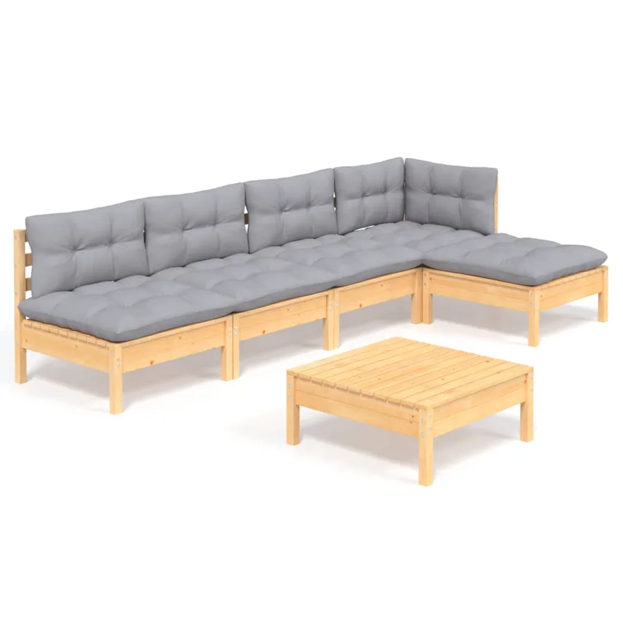 Salon de jardin 6 pcs avec coussins gris bois de pin - 2