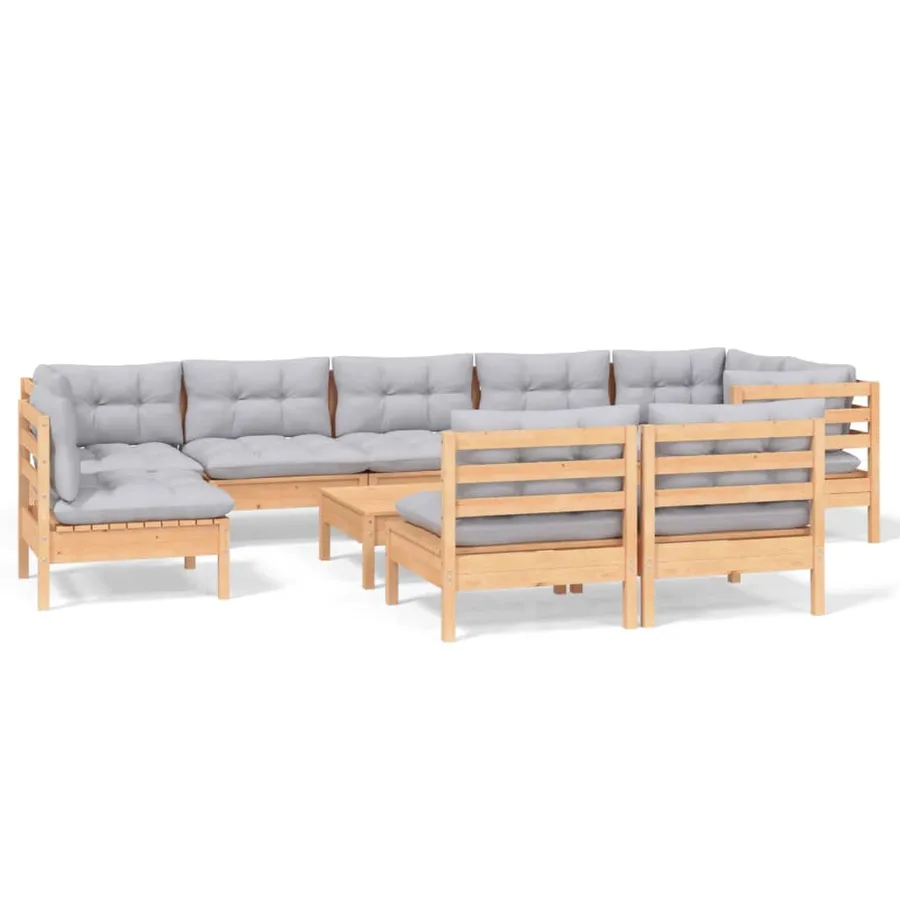 Salon de jardin 10 pcs avec coussins gris bois de pin massif - 2