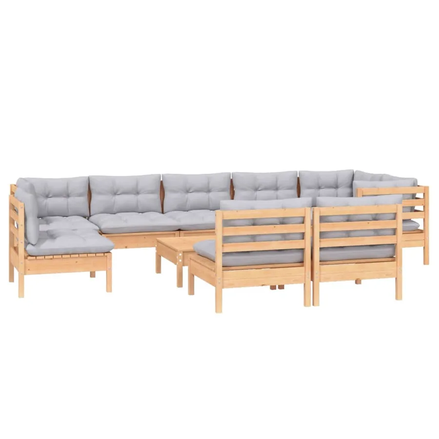 Salon de jardin 10 pcs avec coussins gris bois de pin massif - 3