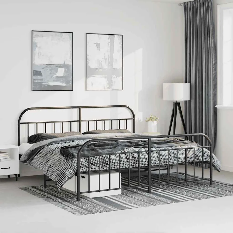 Cadre de lit métal sans matelas avec pied de lit noir 183x213cm