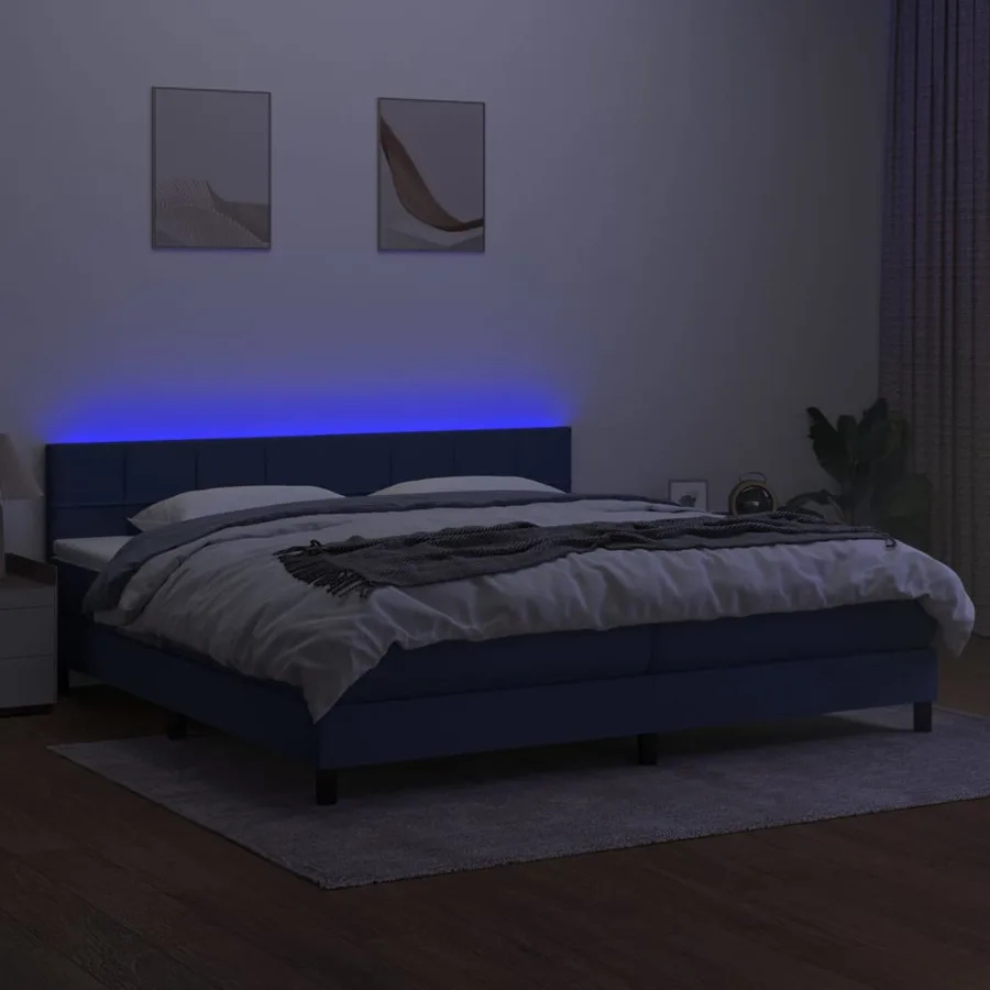 Sommier à lattes de lit et matelas et LED Bleu 200x200 cm Tissu - 4