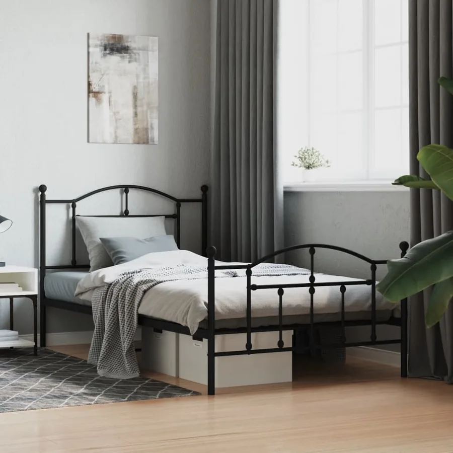 Cadre de lit métal sans matelas avec pied de lit noir 107x203cm