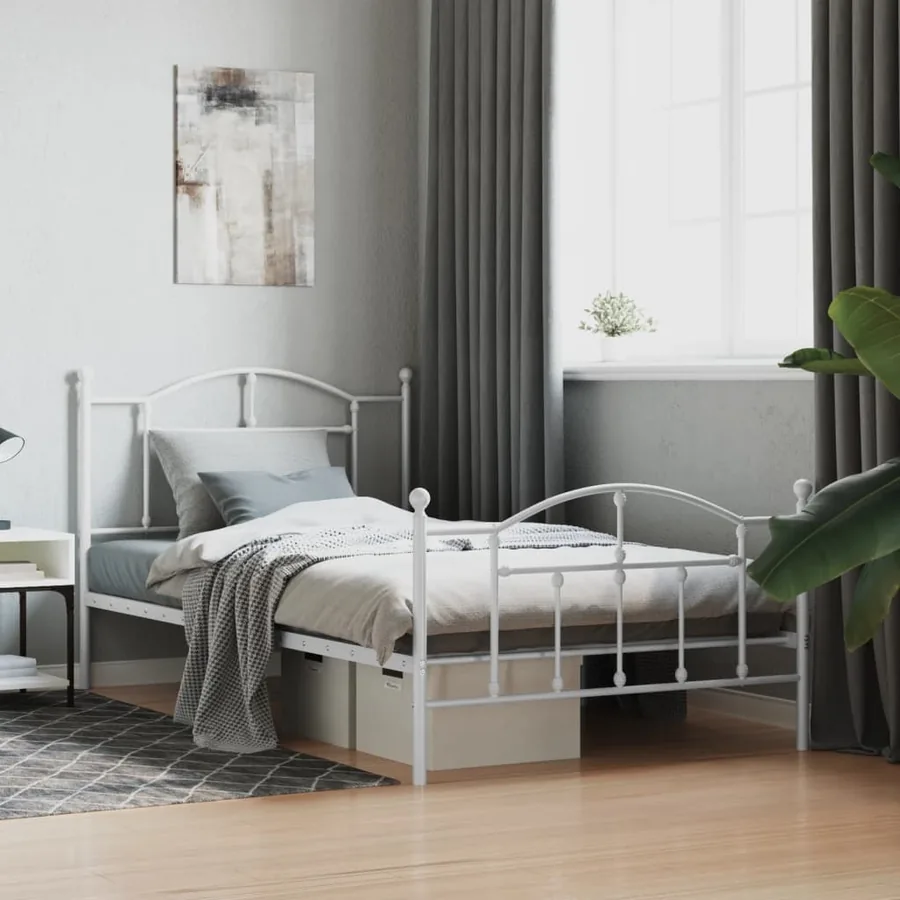 Cadre de lit métal sans matelas et pied de lit blanc 107x203 cm