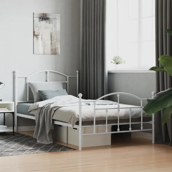 Cadre de lit métal sans matelas et pied de lit blanc 107x203 cm