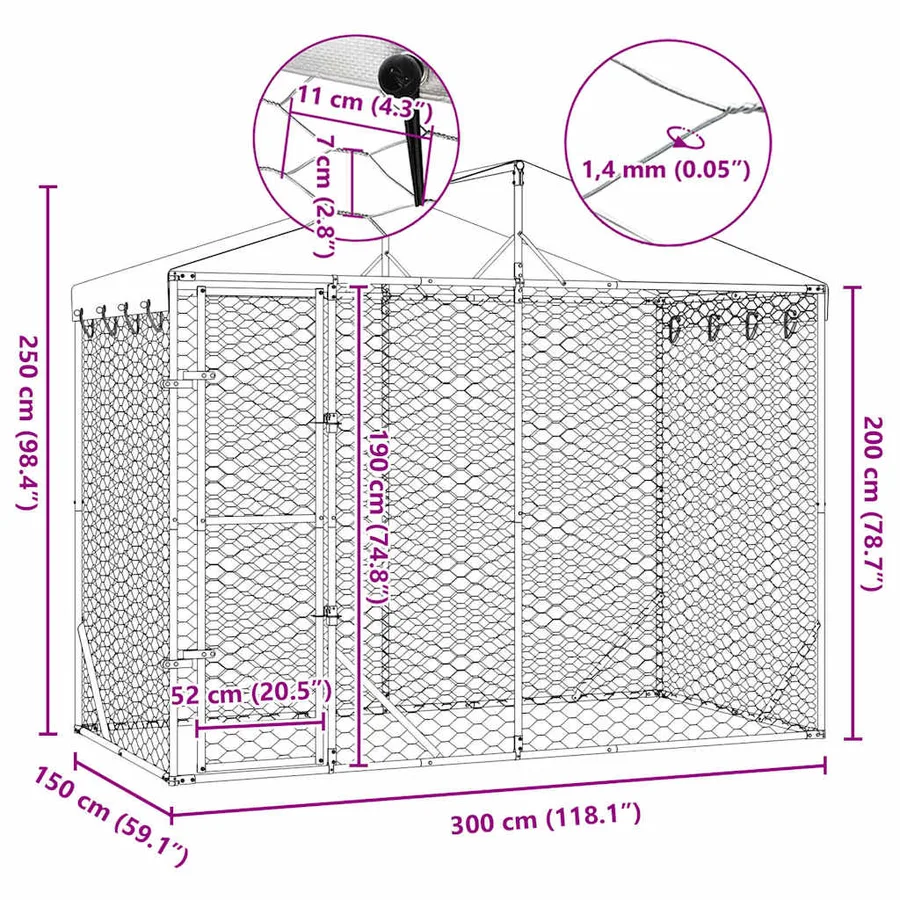 Chenil d'extérieur pour chiens avec toit argenté 3x1,5x2,5 m - 9