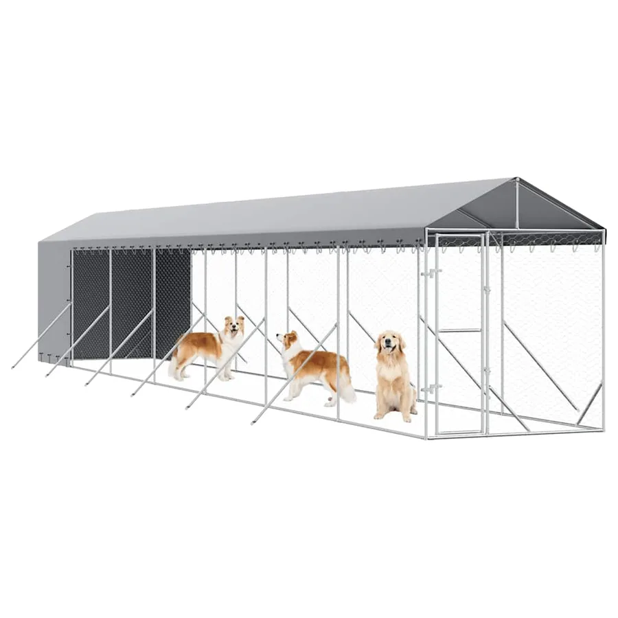 Chenil d'extérieur pour chiens avec toit argenté 2x14x2,5 m - 4