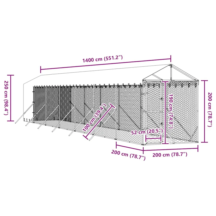 Chenil d'extérieur pour chiens avec toit argenté 2x14x2,5 m - 9
