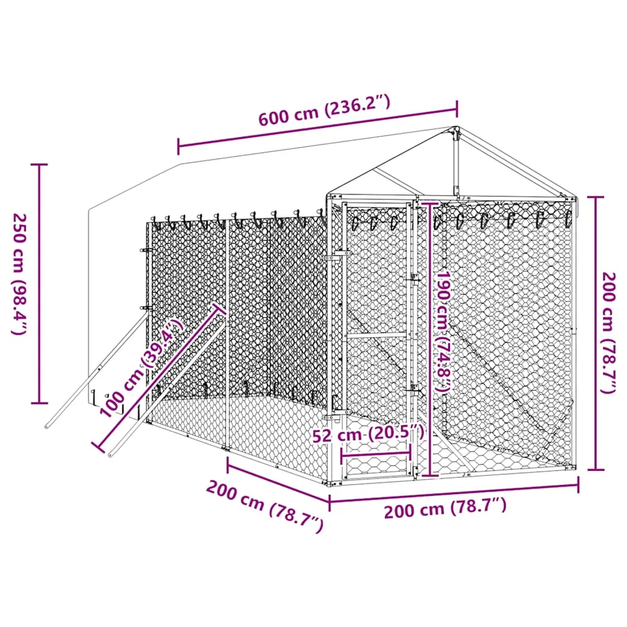 Chenil d'extérieur pour chiens avec toit argenté 2x6x2,5 m - 9