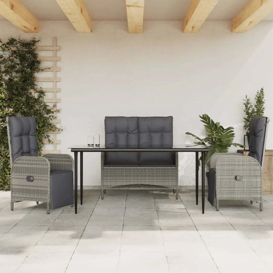 Ensemble à manger jardin 4pcs et coussins Gris Résine tressée