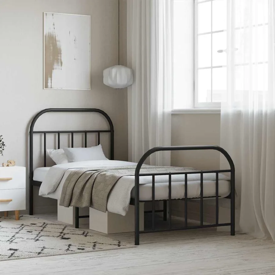 Cadre de lit métal sans matelas avec pied de lit noir 90x190 cm