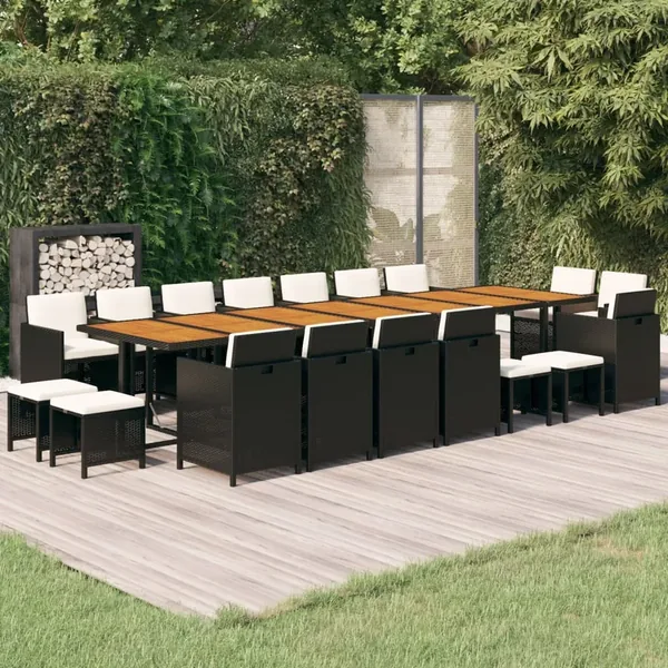 Ensemble à manger de jardin coussins 19 pcs Noir Résine tressée