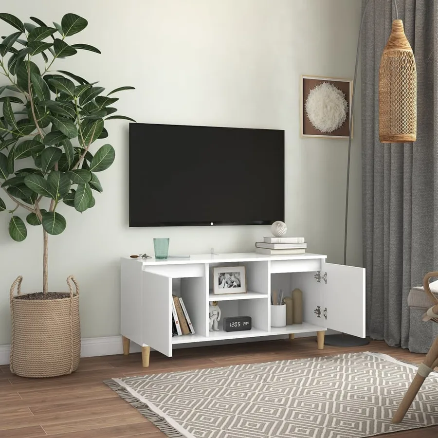 Meuble TV avec pieds en bois massif Blanc 103,5x35x50 cm - 3