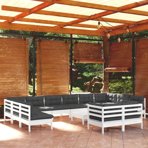 Salon de jardin 13 pcs avec coussins blanc bois de pin