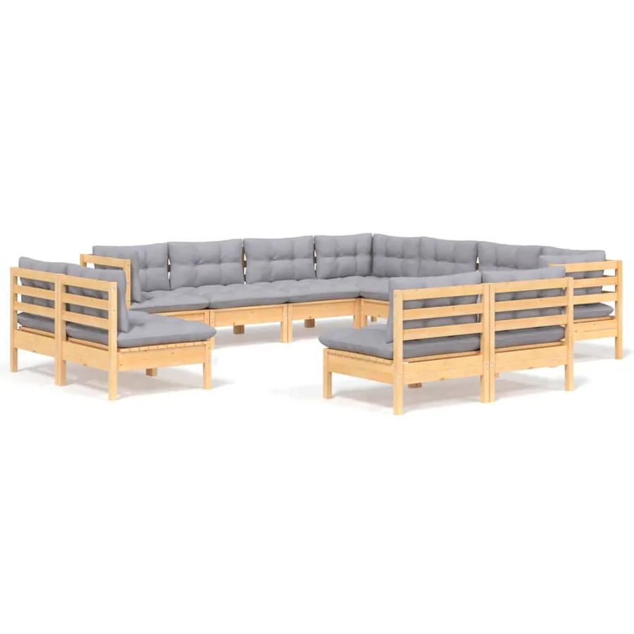 Salon de jardin 11 pcs avec coussins gris Bois de pin solide - 2