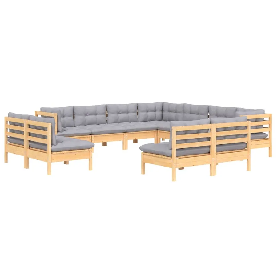 Salon de jardin 11 pcs avec coussins gris Bois de pin solide - 3