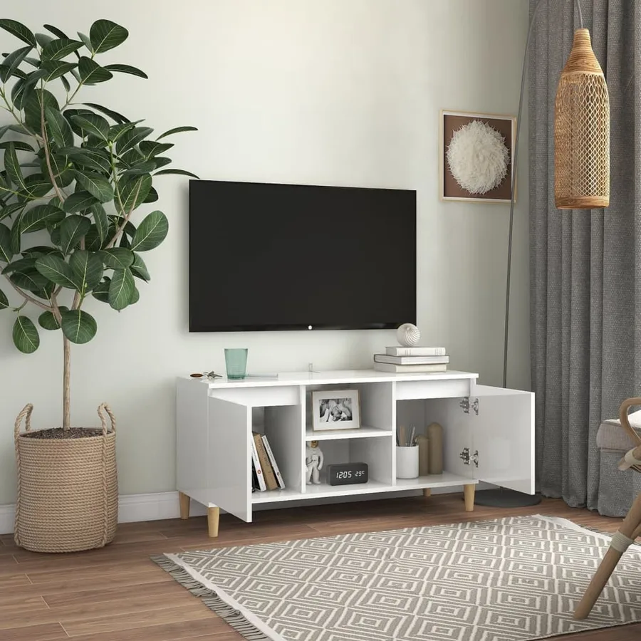 Meuble TV avec pieds en bois Blanc brillant 103,5x35x50 cm - 3