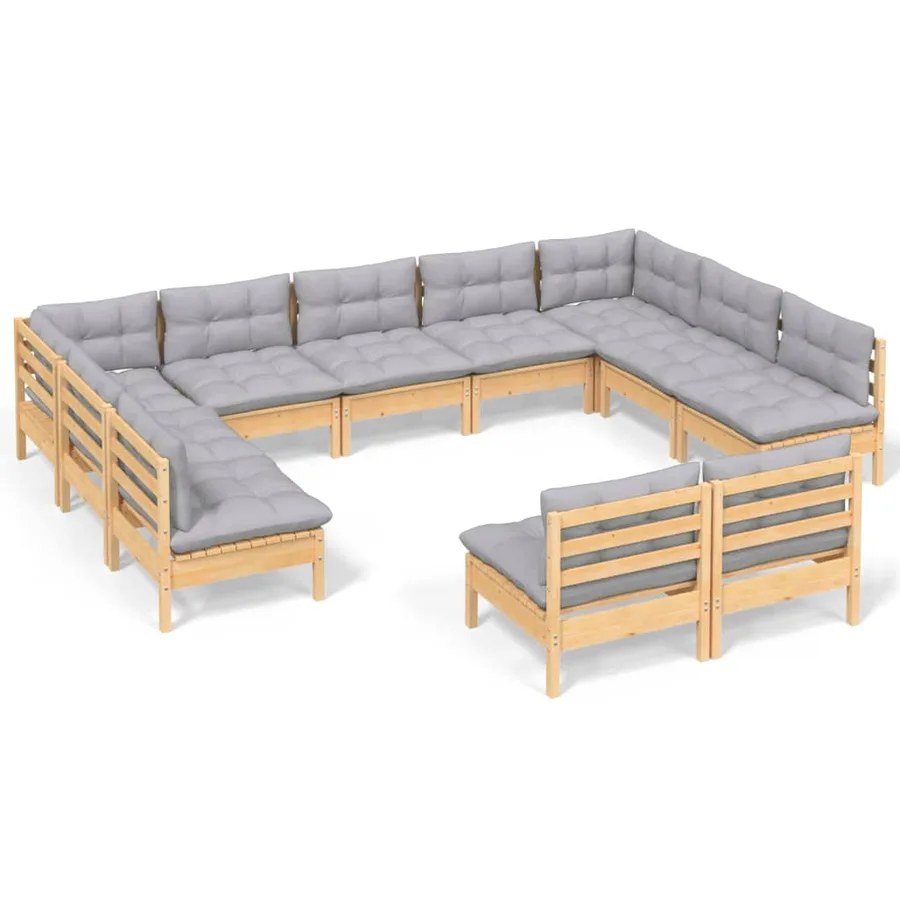 Salon de jardin 11 pcs avec coussins gris Bois de pin solide - 2