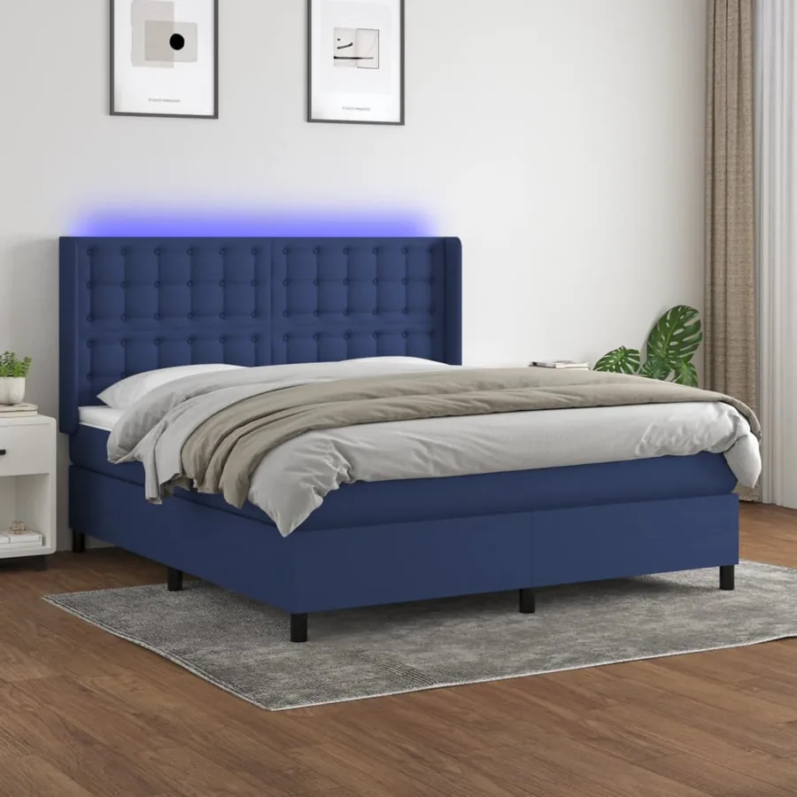Sommier à lattes de lit matelas et LED Bleu 180x200 cm Tissu