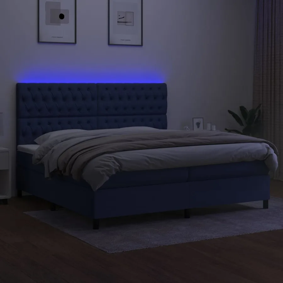 Sommier à lattes de lit et matelas et LED Bleu 200x200 cm Tissu - 4