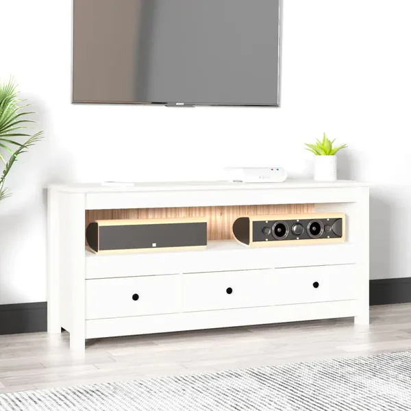 Meuble TV Blanc 114x35x52 cm Bois de pin massif