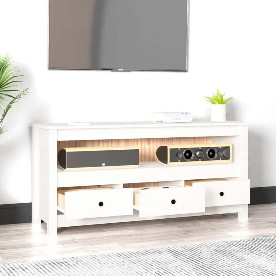 Meuble TV Blanc 114x35x52 cm Bois de pin massif - 3
