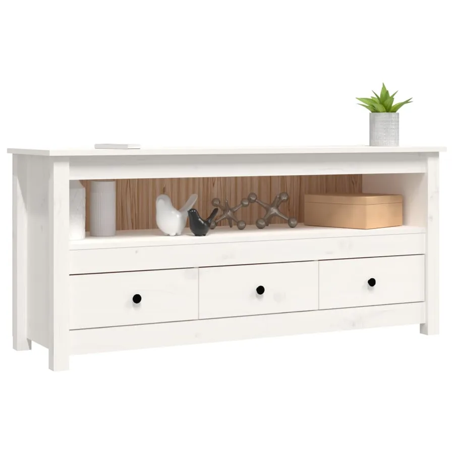 Meuble TV Blanc 114x35x52 cm Bois de pin massif - 4