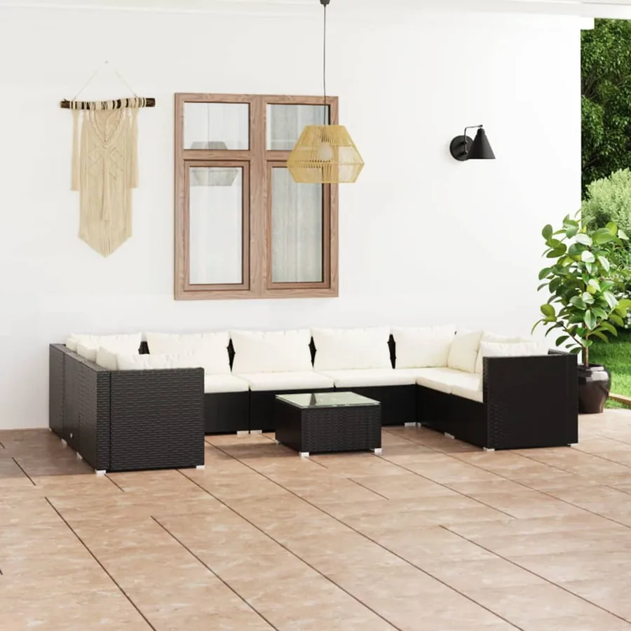 Salon de jardin 10 pcs avec coussins Résine tressée Noir