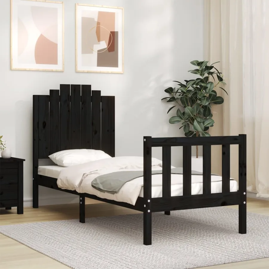 Cadre de lit sans matelas noir bois de pin massif - 3