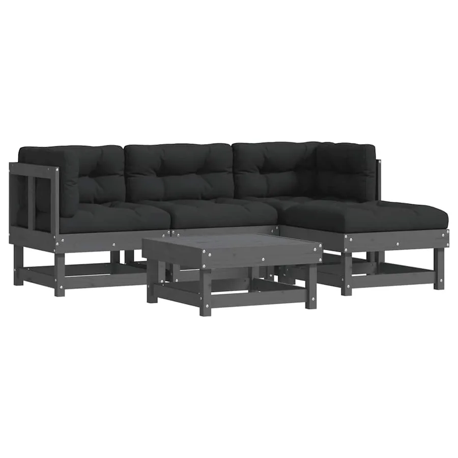 Salon de jardin 5 pcs avec coussins gris bois massif - 2
