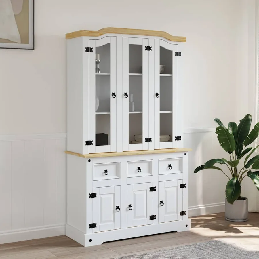 Buffet haut Corona blanc 112x43x196 cm bois massif pin mexicain