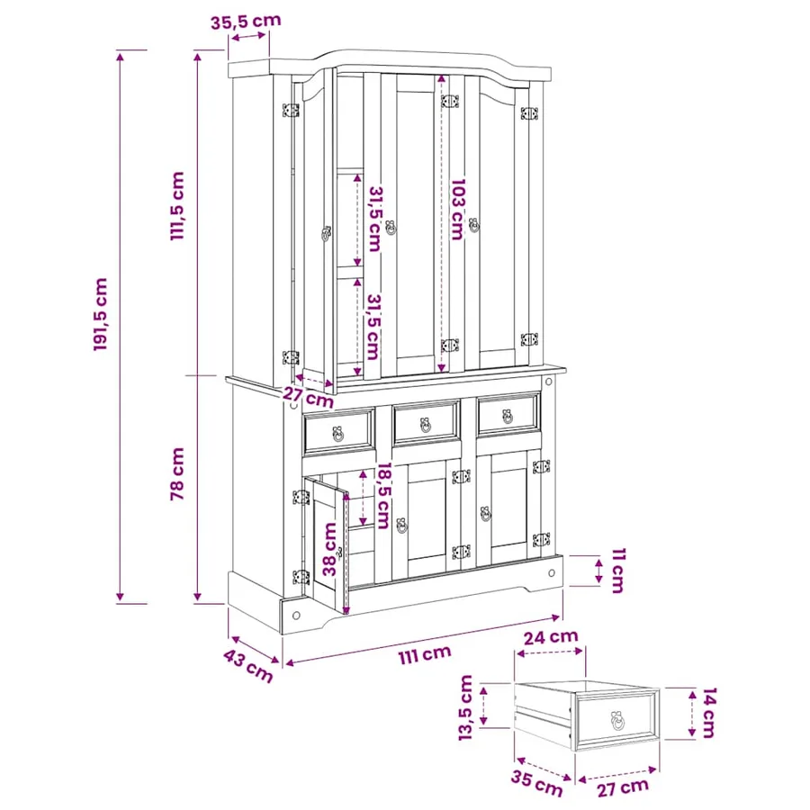 Buffet haut Corona blanc 112x43x196 cm bois massif pin mexicain - 10