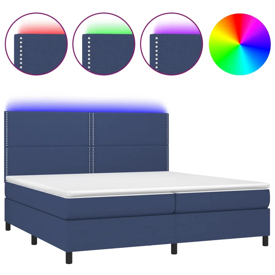 Sommier à lattes de lit et matelas et LED Bleu 200x200 cm Tissu - 2