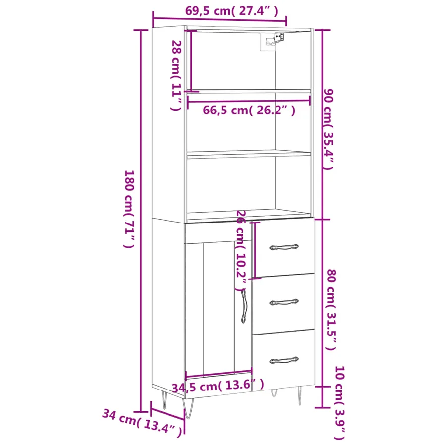 Buffet haut Blanc 69,5x34x180 cm Bois d'ingénierie - 14