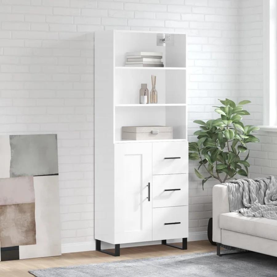 Buffet haut Blanc brillant 69,5x34x180 cm Bois d'ingénierie
