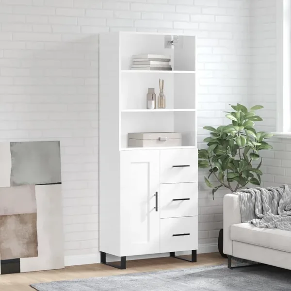 Buffet haut Blanc brillant 69,5x34x180 cm Bois d'ingénierie