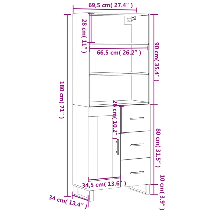 Buffet haut Blanc brillant 69,5x34x180 cm Bois d'ingénierie - 14