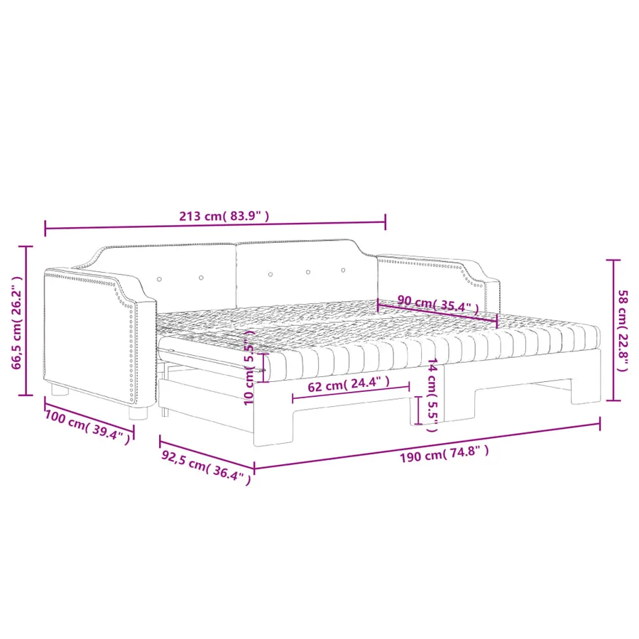 Lit de jour avec gigogne et matelas gris clair 90x190 cm tissu - 12