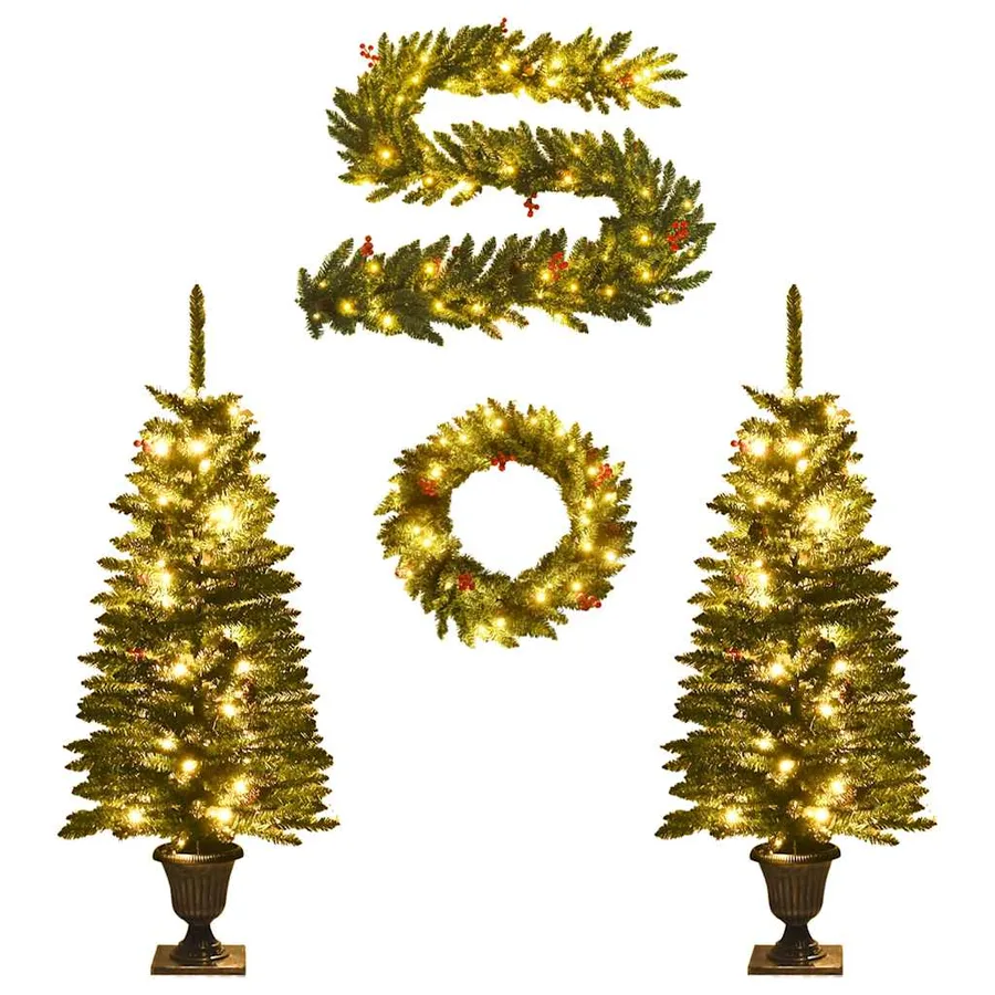 Arbres de Noël artificiels 2 pcs et couronne, guirlande et LED - 2
