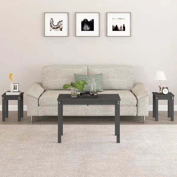 Tables gigognes 3 pcs Gris Bois de pin massif