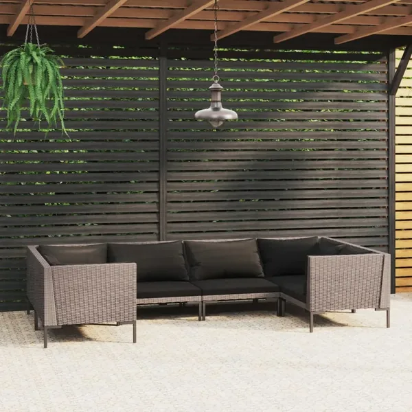 Salon de jardin 6 pcs avec coussins Résine tressée Gris foncé