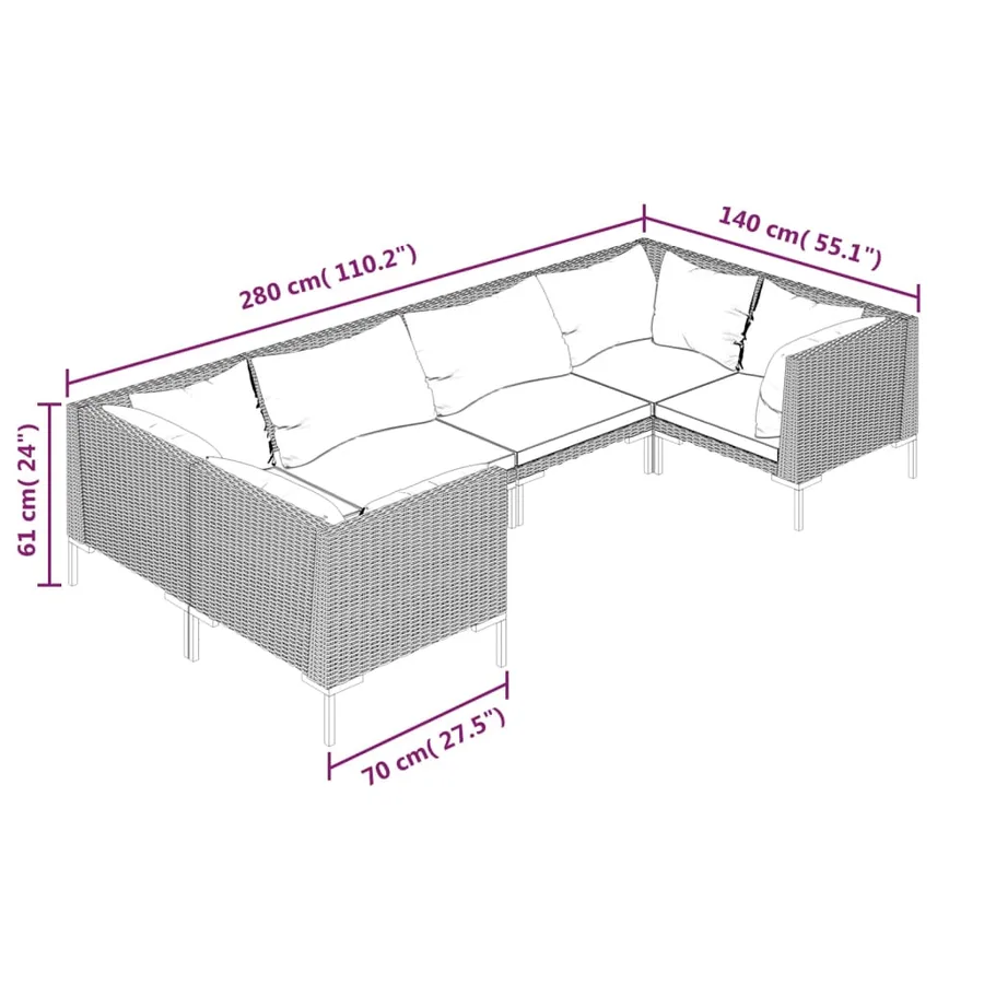 Salon de jardin 6 pcs avec coussins Résine tressée Gris foncé - 7