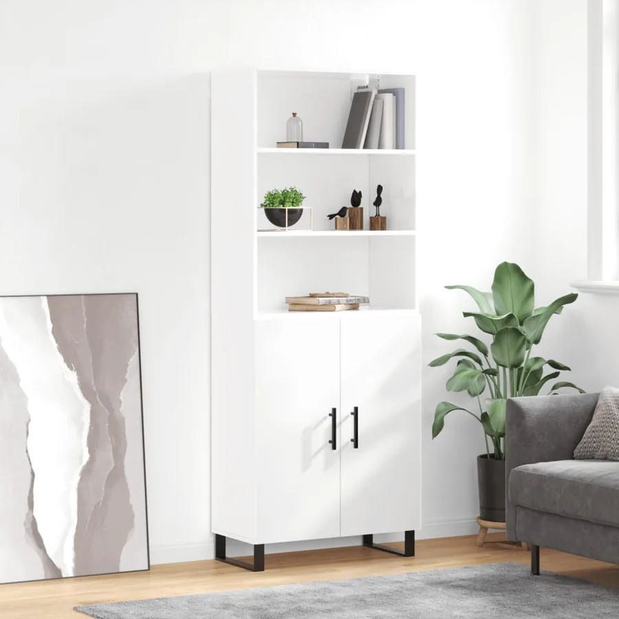 Buffet haut Blanc brillant 69,5x34x180 cm Bois d'ingénierie